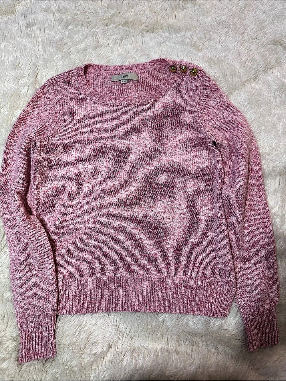 LOFT Marled Shoulder Button Crewneck Sweater Pink Crew Neck Sweater Size Medium